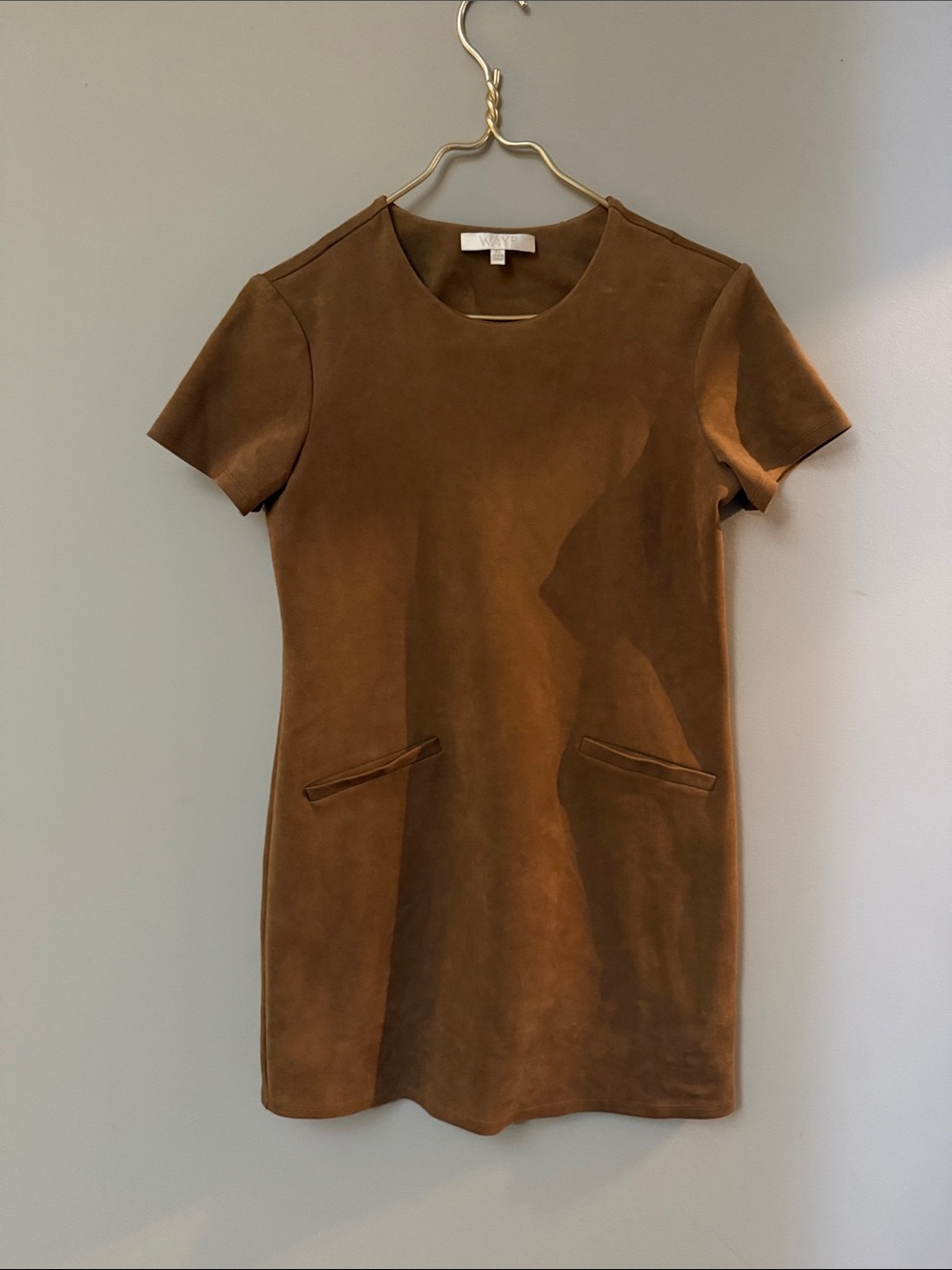 Wayf Suede-Look Short Sleeve Shift Dress in Brown